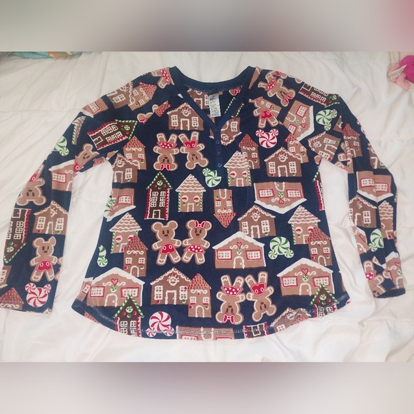 Disney Other - Disney Fleece L/S Pajama Top, Large, Mickey And Minnie Gingerbread